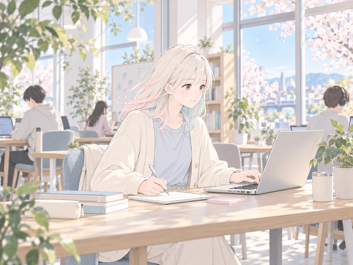 明るい教室でノートとパソコンを開いて学ぶ生徒