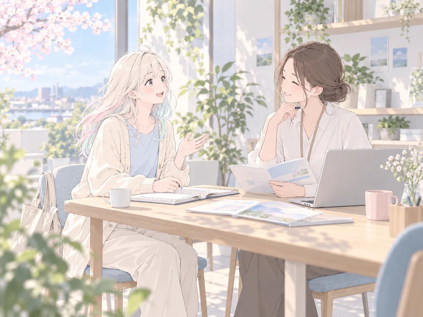 ノートを見ながらスタッフに相談する生徒